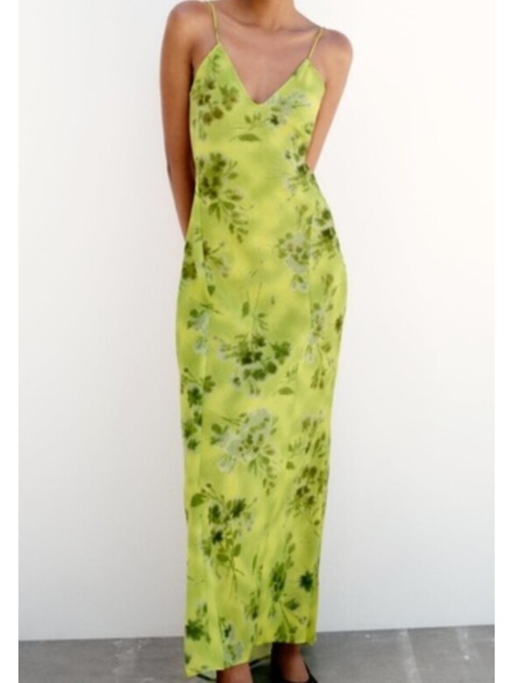 ZARA chartreuse green floral open back maxi dress sz L